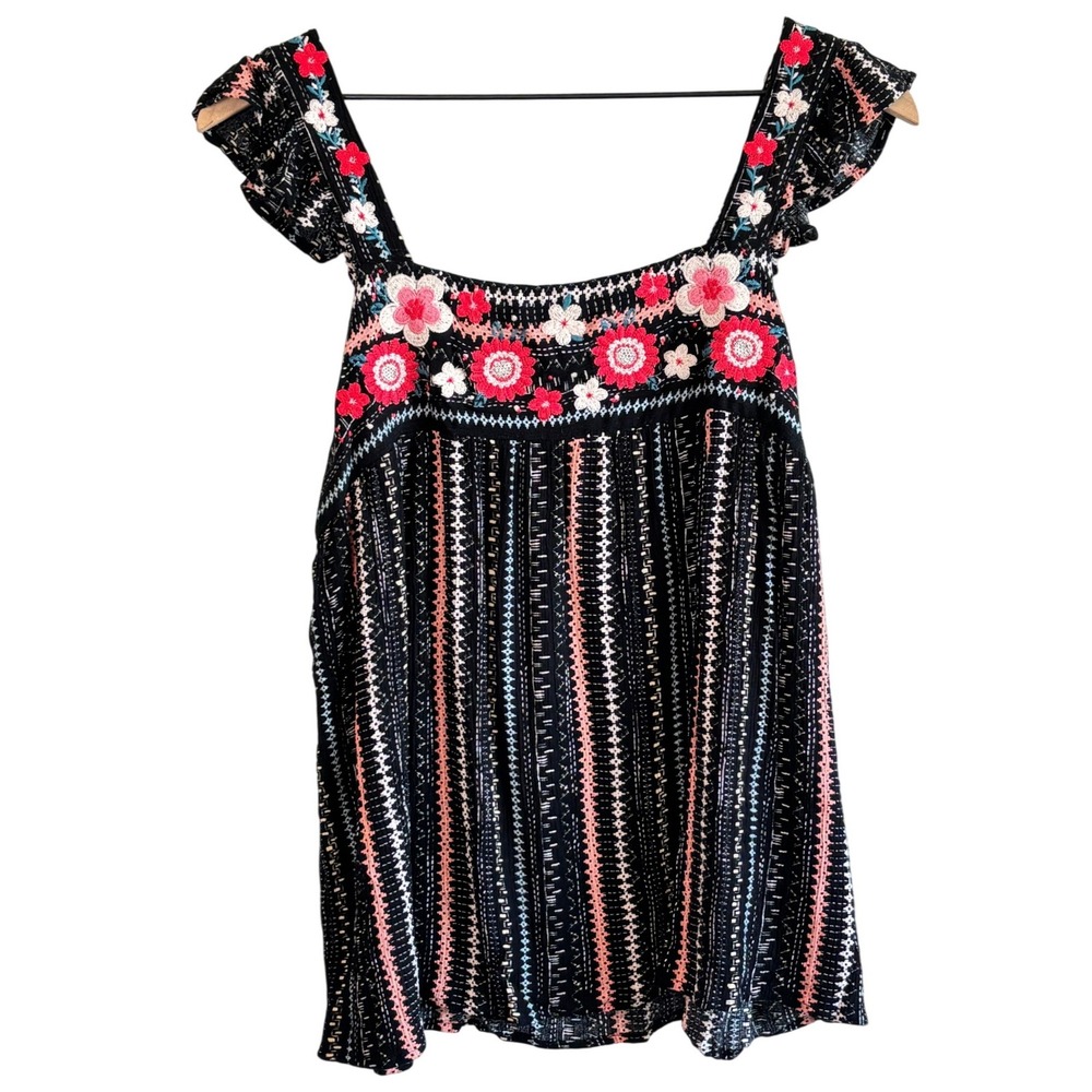 Savanna Jane Black Floral Embroidered Flutter Sleeve Top
